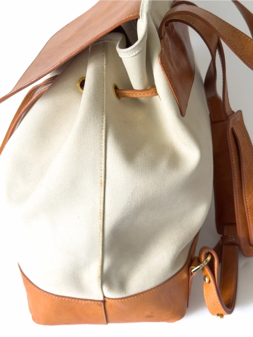 Mansur Gavriel Canvas Mini Backpack Tan Leather Flap Bag  Creme & Cammello